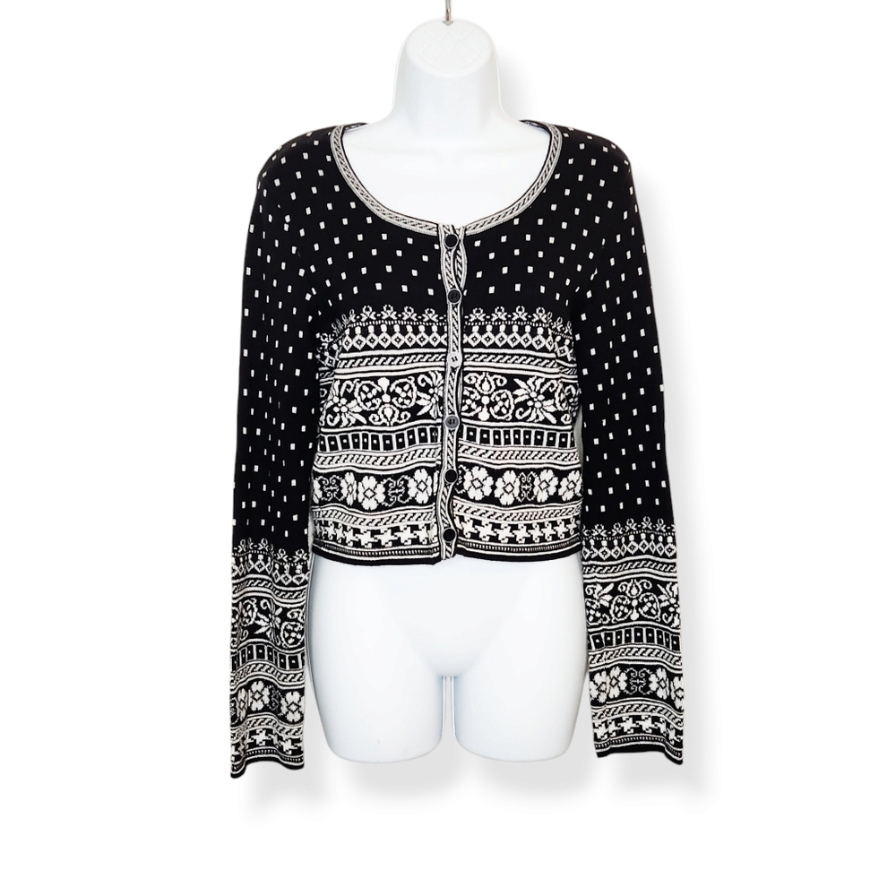Vintage Kenzo Jungle Women's Black White Fair Isle Cardigan Sweater Size XL
